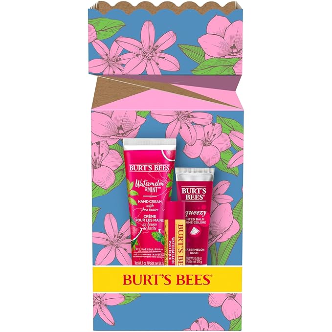 Burt's Bees Mothers Day Gifts for Mom, 3 Self Care Products, You're One in a Melon - Watermelon & Mint Hand Cream, Watermelon Lip Balm & Watermelon Rush Squeezy Tinted Lip Balm (Packaging May Vary)-Velvo Beauty