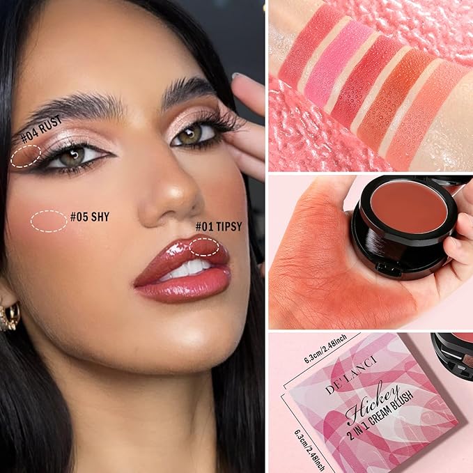 DE'LANCI 2 In 1 Cream Blush for Cheeks & Lips & Eyeshadow in a Waterproof Smooth Moisturizing Creamy Formula, Buildable Lightweight Red Blush Balm with Built-in Brush and Mirror, Easy to Use, Rust-Velvo Beauty