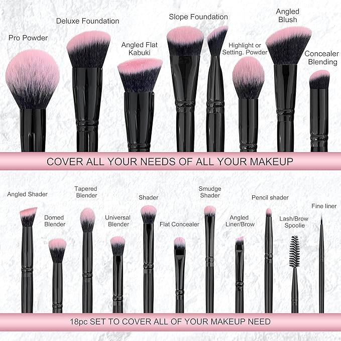 Bueart Design 18Pcs Pro Deluxe Fuchsia Pink Black Makeup Brushes set with Travel Make up Brush Holder case Foundation concealer contour Blush eyeshadow face make up brush set-Velvo Beauty