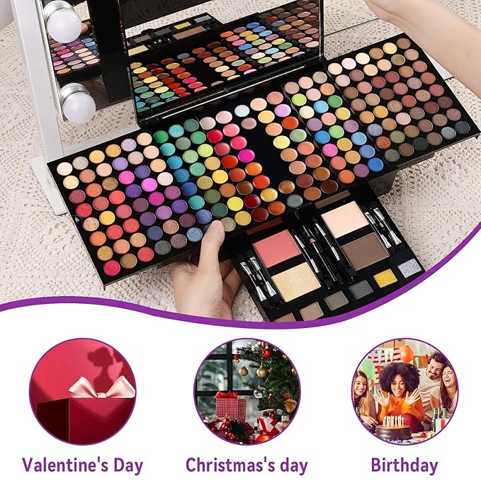 Women Makeup Sets Full Kits - 190 Colors Cosmetic Make Up Gifts Combination with Eyeshadow Facial Blusher Eyebrow Powder Face Concealer Powder Eyeliner Pencil Lip Colors with Full Size Mirror All-in-One Makeup Palette Kit (SET B)-Velvo Beauty