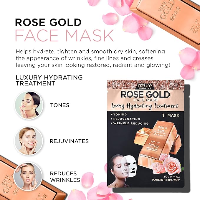Azure Cosmetics Rose Gold Luxury Hydrating Facial Sheet Mask - Firming, Lifting & Deeply Moisturizing - Helps Reduce Fine Lines & Wrinkles, Signs of Aging & Dry Patches - Made in Korea - Pack of 5-Velvo Beauty