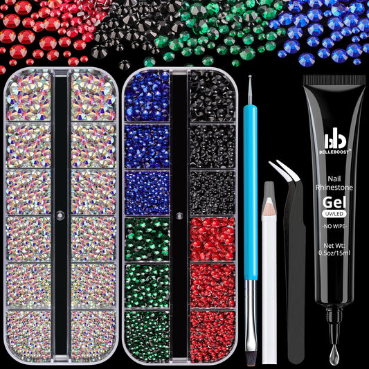 Rhinestones for Nails, Manicure Kit with Nail Rhinestone Glue Gel, Multi Size Flat Back Glass Crystal AB + Mixed Color Iridescent Gemstones & Gem Glue (UV/LED Needed) with Dotting Tools-Velvo Beauty