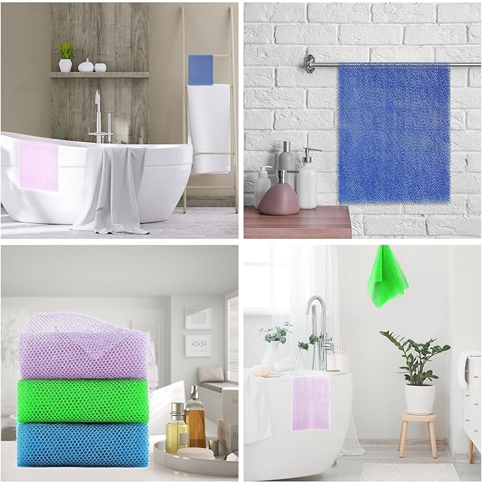 UJFQBH 3 Pieces African exfoliating net African Net Long Net Bath Sponge Exfoliating Shower Body Scrubber Back Scrubber Skin Smoother,Great for Daily Use (Purple, Blue, Green)-Velvo Beauty