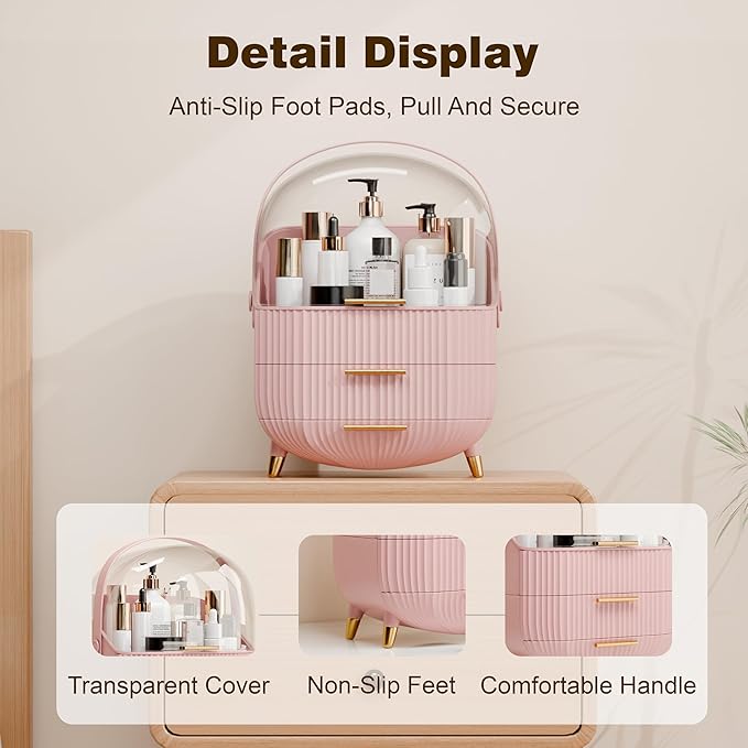 Makeup Organizers and Storage Make up Organizer for Vanity Cosmetics Skincare With Lid and Drawers Display Cases for Countertop Bathroom Women Teenager Girl Gifts(Pink+Brush Holder)-Velvo Beauty