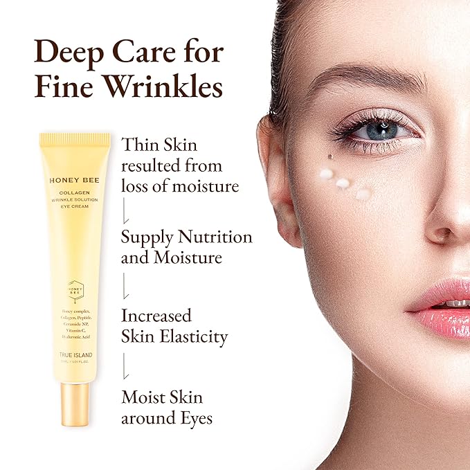 Honey Bee Collagen Fine Line Firming Eye Cream for Puffiness and Bags Under Eyes w/Vitamin C, 4 Peptides & Niacinamide | Bright and Tight Under Eye Cream for Dark Circles 1.01 fl oz-Velvo Beauty