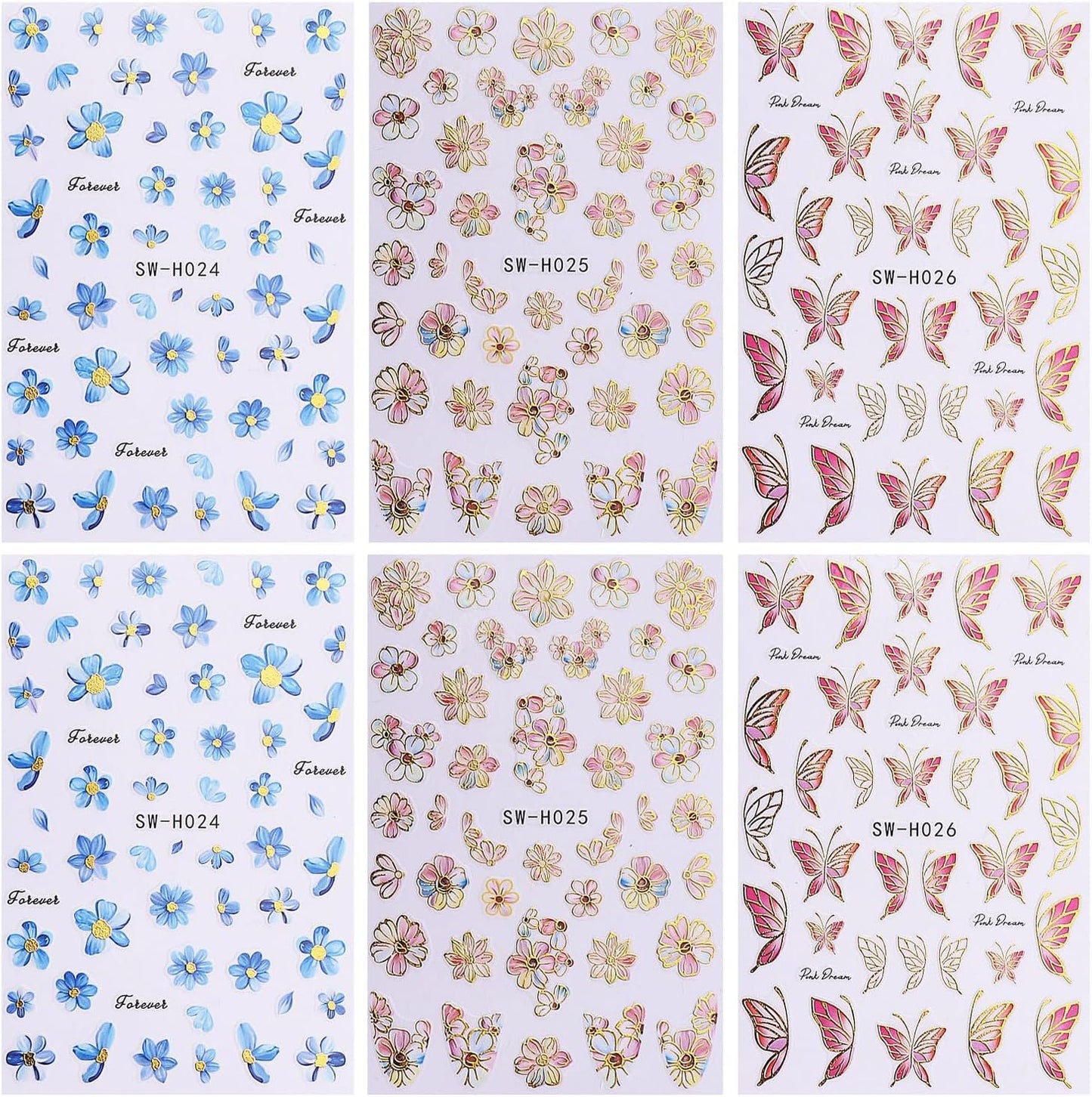 6Sheets Flower Nail Art Stickers 3D Self-Adhesive Nail Sticker Butterfly Nails Art Decals Holographic Floral Butterfly Nails Decal Decoration for Women Blue Blossom Manicure DIY Nail Supplies-Velvo Beauty