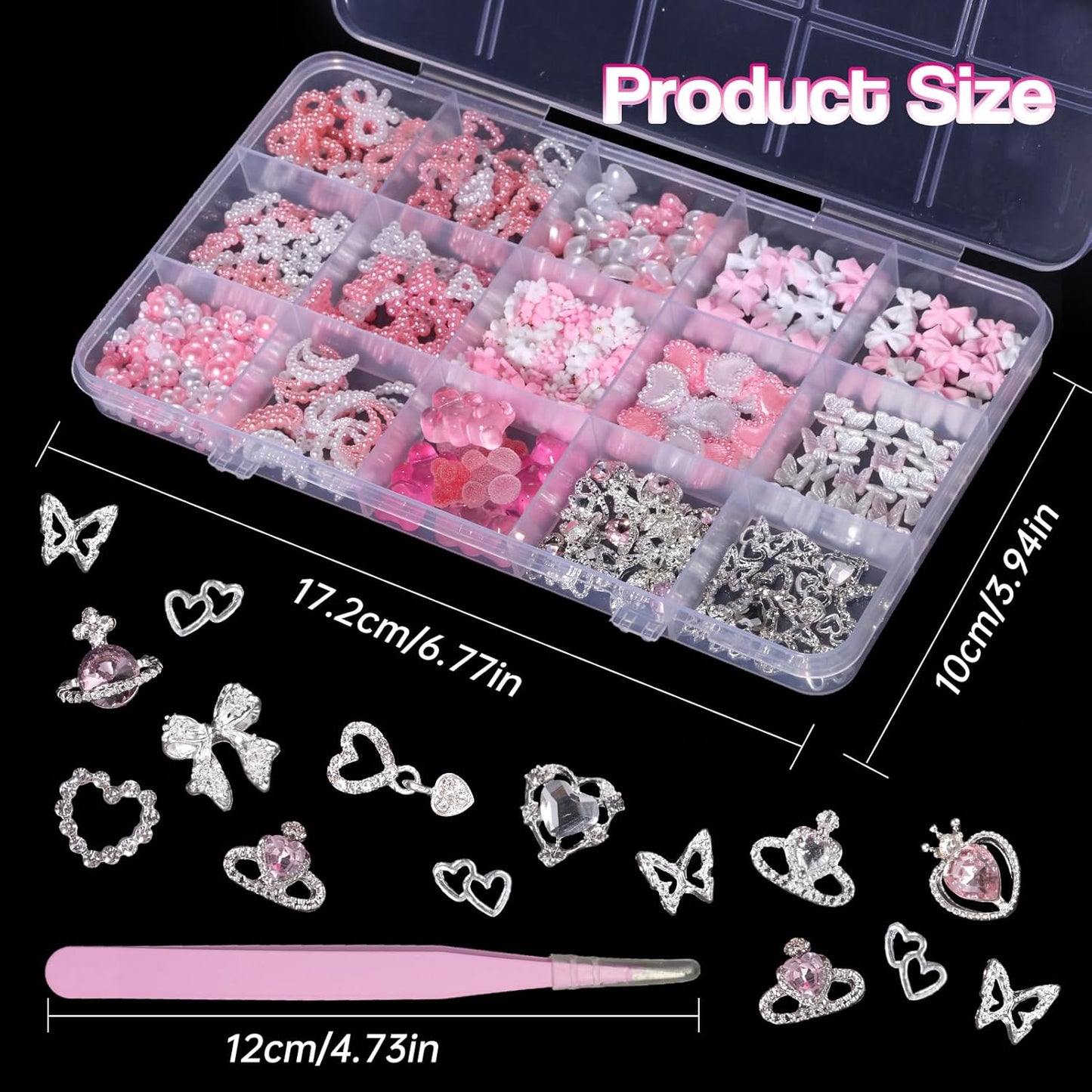 Silver Nail Gems Charms, 3D Pink Color Nail Art Charms, Acrylic Blossom Tiny Flowers Flatback Multi Styles Pearls Nail Charms Planet Heart Butterfly Nail Diamond Charms for Nails Manicure DIY Crafts-Velvo Beauty