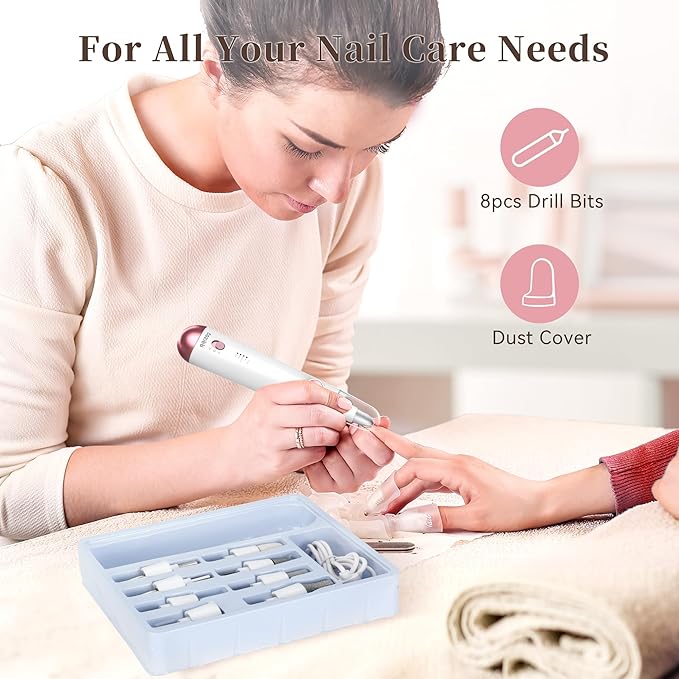 Electric Nail Drill, 8-in-1 Cordless Electric Nail File with LED Light, 5 Speeds Rechargeable Manicure and Pedicure Kit Hand Foot Care Tool for Nail Grinder Trim Polish for Women Baby-Velvo Beauty