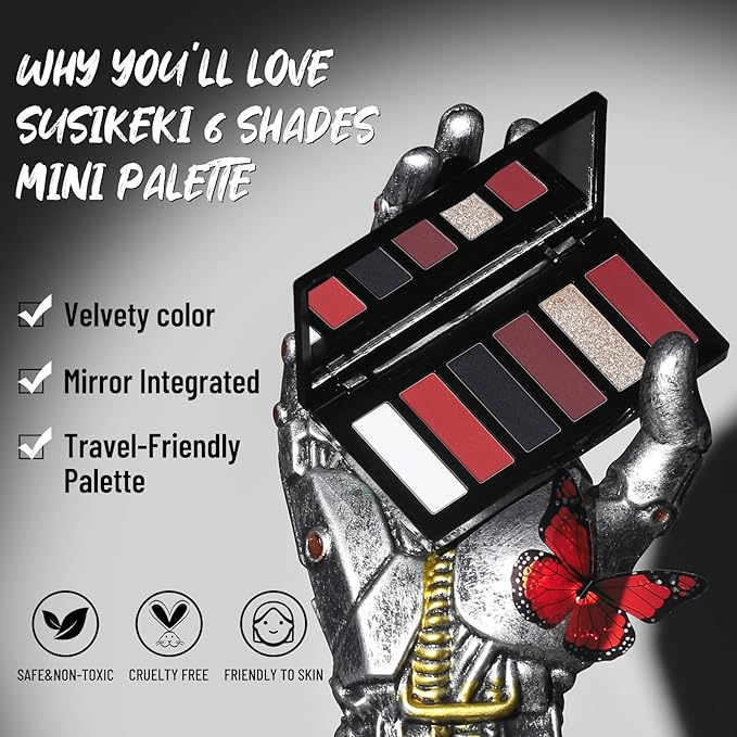 Red Eyeshadow Palette with Mirror Sliver Red Black Tones Matte Shimmer 6 Colors Mini Eye Shadow Pallet Travel Size Highly Pigmented for Joker Vampire Clown Goth Halloween Christmas Makeup-Velvo Beauty