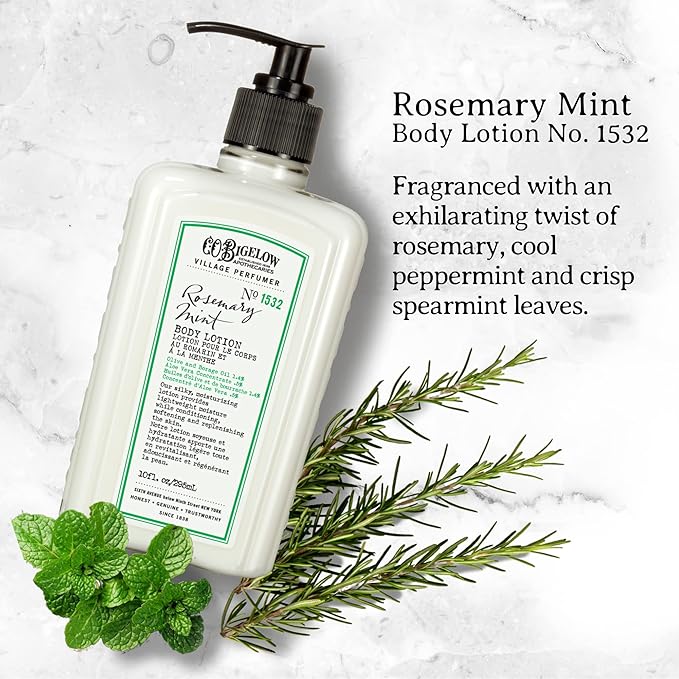 C.O. Bigelow Rosemary Mint Body Lotion, Village Perfumer Moisturizing Body Lotion with Aloe Vera, Borage Oil & Olive Oil, 10 Fl Oz-Velvo Beauty