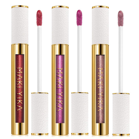 MAKI YIKA 3Pc Metallic Lipstick for Women Red Pink Brown Glitter Lipsticks Long Lasting Lipstick Smudge Proof Liquid Lip Gloss, Red/Pink/Nude-Velvo Beauty