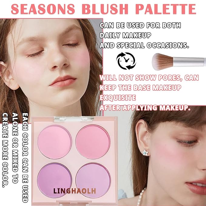 4 Colors Blush Palette for Cheeks,Face Matte Contour Blush Makeup Palette,Buildable Shimmer Facial Cheek Blusher Shades,Blendable Cosmetic Makeup Blush with Blush Brush 02-Velvo Beauty