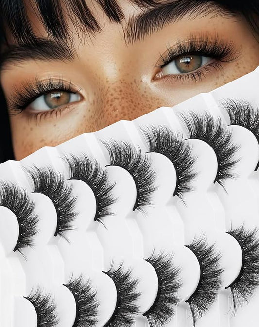 Lashes Cateye Wispy False Eyelashes Volume Flared Mink Eyelash Strip Lashes Soft Cat Eye Lash Natural Pack 7 Pairs Everyday 17MM D74-Velvo Beauty