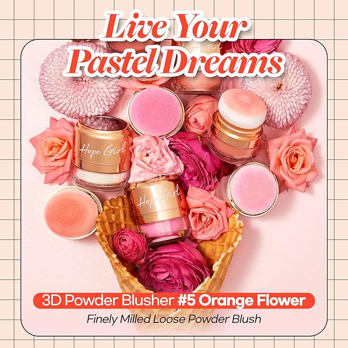 Hope Girl 3D Powder Blusher 0.17oz | Skin-Loving Korean Mini Blush for Cheeks and Eye Makeup w/Allantoin | K Beauty Cool Toned Vibrant Sunkissed Fine Powder Makeup Blush Cosmetics (#05 Orange Flower)-Velvo Beauty