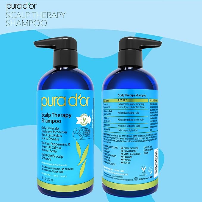 PURA D'OR Therapy Shampoo (16oz) Hydrates & Nourishes - Scalp Care Shampoo For Itchy Flaky Scalp w/ Tea Tree, Peppermint, Patchouli, Cedarwood, Clary Sage, Argan Oil (Packaging may vary)-Velvo Beauty