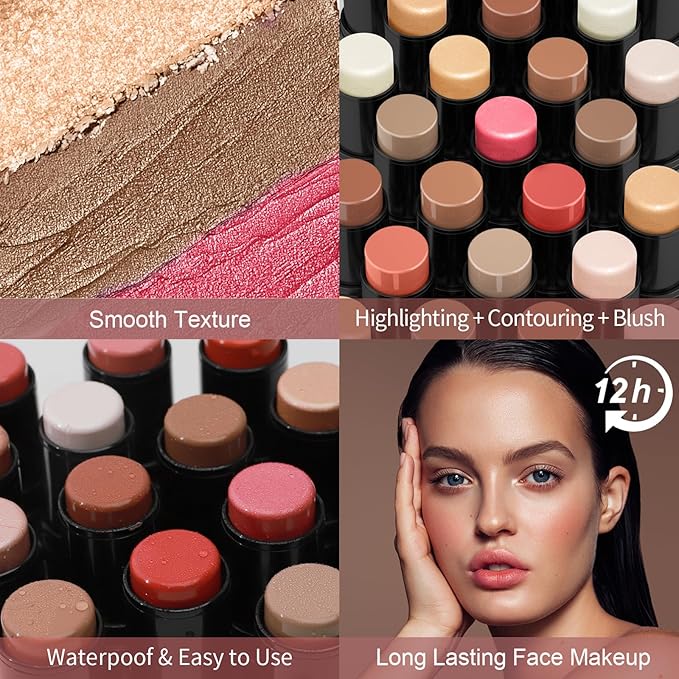 3 Pcs Face Contour Stick Kit, Matte Finish Face Stick Trio with Bronzer Blush Highlighter and Brush, Long Lasting Waterproof Cream Beauty Wand Makeup Set for Sculpt Glowing Face Look (#5, 6, 15)-Velvo Beauty