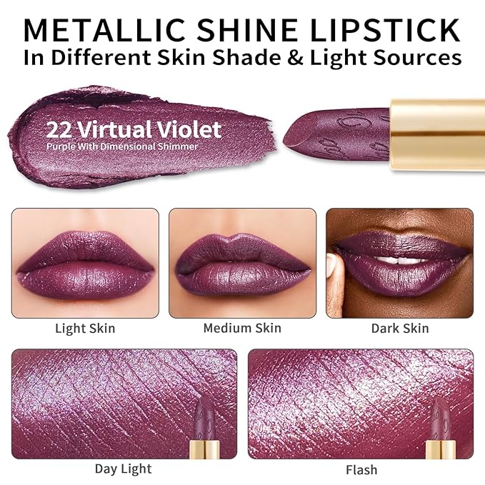 Oulac Purple Lipstick for Women with Metallic 3D Shine Lightweight Hydrating Formula, High Impact Lip Color, Vegan & Gluten Free Beauty, Full Coverage Lip Makeup, Virtual Violet(22)-Velvo Beauty