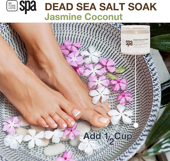 BCL SPA Dead Sea Salt Soak - Bath Salt with Organic Jasmine + Coconut, Shae Butter, Arnica, Aloe Vera Juice, Chamomile, Argan Oil & Jojoba Oil Skin Exfoliator - Home/Professional Use 16 fl oz-Velvo Beauty