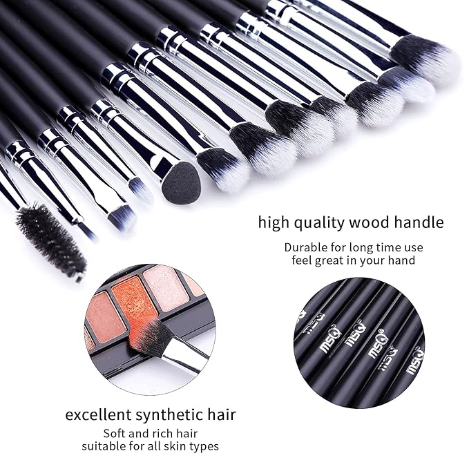 MSQ Eye Makeup Brushes 12pcs Eyeshadow Makeup Brushes Set with Soft Synthetic Hairs & Real Longer Wood Handle for Eyeshadow, Eyelash,Eyebrow, Eyeliner, Blending, Conclear(Black)-Velvo Beauty
