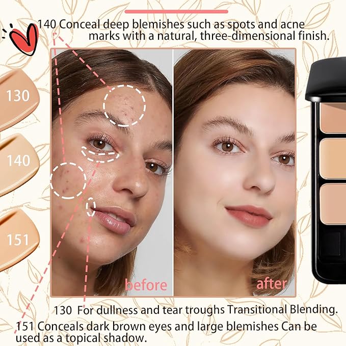 3 Colors Corrector Palette,Moisturizing Long Lasting Waterproof Cream Contour Makeup Palette,Color Correcting Concealer,Natural Flawless Full Coverage Liquid Foundation Set with Makeup Brushes-Velvo Beauty