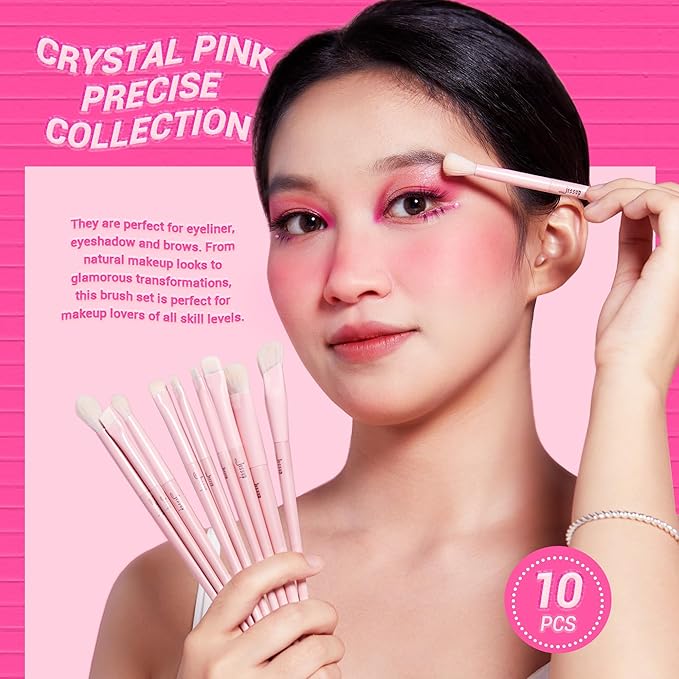 Jessup Eyeshadow Brush Set 10Pcs Pink Eye Makeup Brushes Concealer Brush Premium Synthetic Eye shadow Eyeliner Smudge Crease Blending Brush for Makeup, T496-Velvo Beauty