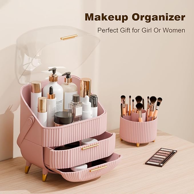 Makeup Organizers and Storage Make up Organizer for Vanity Cosmetics Skincare With Lid and Drawers Display Cases for Countertop Bathroom Women Teenager Girl Gifts(Pink+Brush Holder)-Velvo Beauty