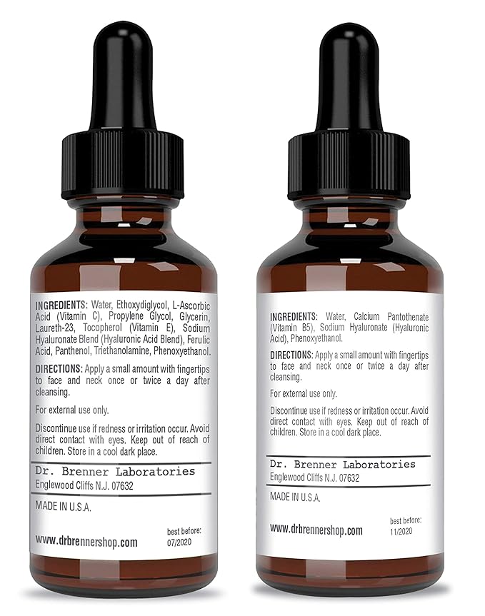 Vitamin C Serum 20% Pure L-Ascorbic Acid, Ferulic Acid, Vitamin E and HA and Hyaluronic Acid Serum with Vitamin B5 for Face and Eyes Natural Anti Aging Anti Wrinkle Set of 2 by Dr. Brenner-Velvo Beauty