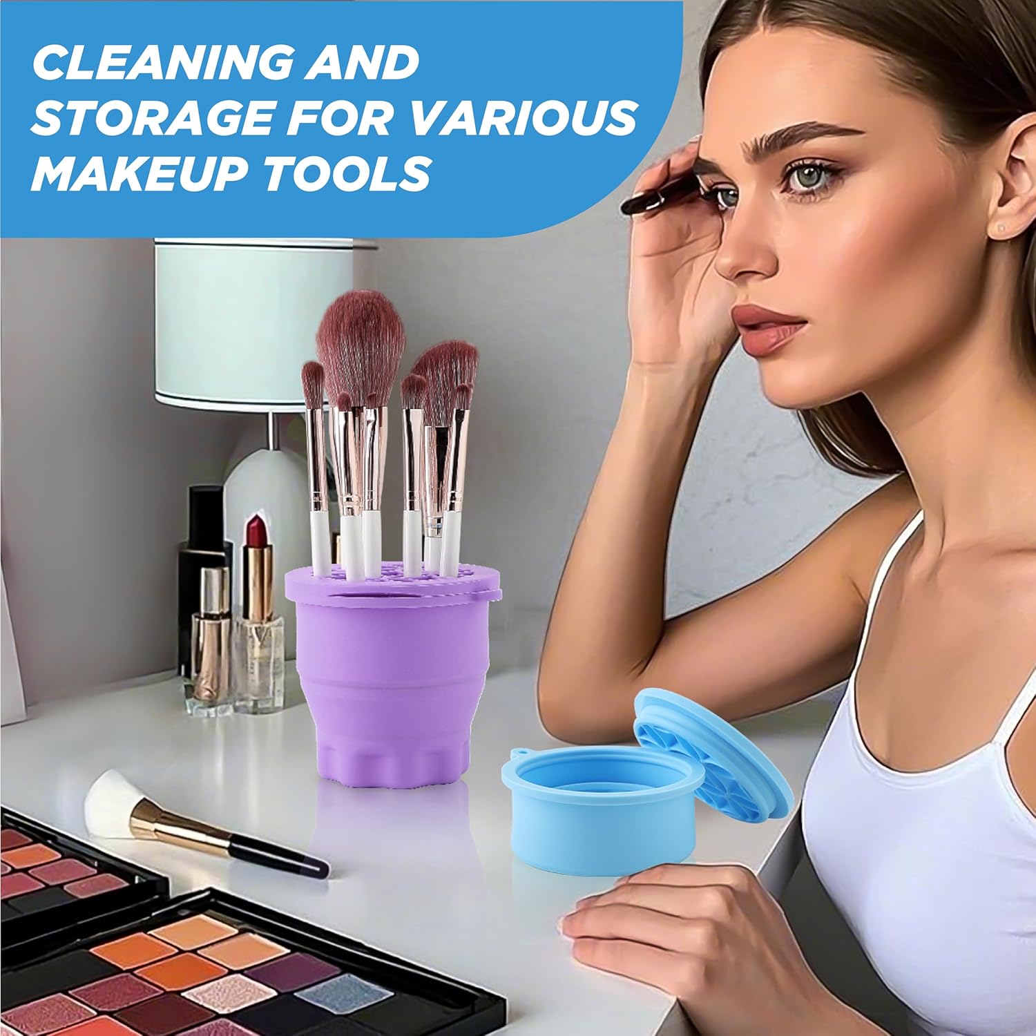Makeup Brush Cleaner - Foldable Silicone Makeup Brush Cleaner Mat with Brush Storage Holder Makeup Brush Cleaning Bowl Cosmetic Brush Washing Tool for Cleaning Organizer and Drying (Purple and Blue)-Velvo Beauty