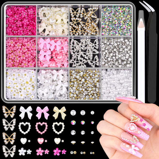 3D Nail Charms and Gems Set 7, 20PCS Chunky Butterfly Charms + 75PCS Coquette Nail Bows and Hearts + 3D Flowers for Nails with Rhinestones, Pearls, Diamonds and Picker Tools for Y2K Nail Decor-Velvo Beauty