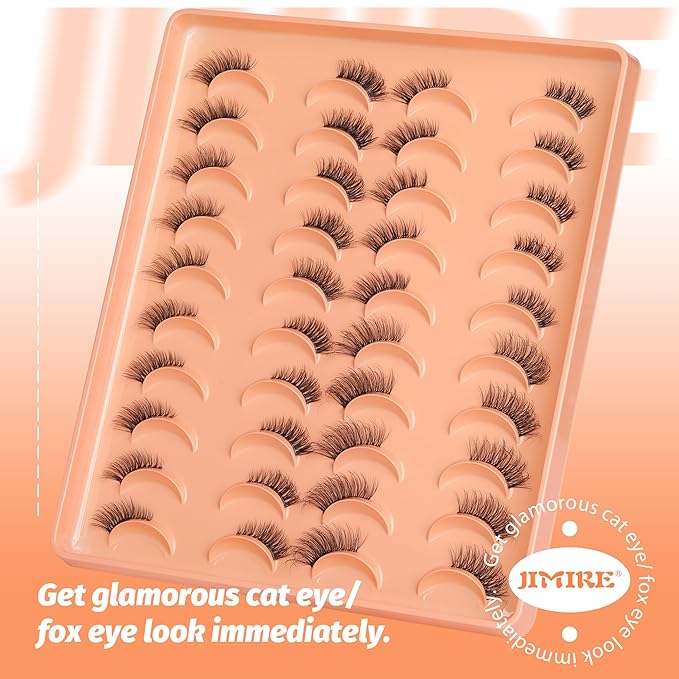 JIMIRE 20 Pairs Hlaf False Eyelashes with Clear Band Half Lashes Wispy Short Accent Lashes 4 Styles Mixed Cat Eye Mink Lashes Fluffy 3/4 Corner Fake Half Lashes Cat Eye Natural Look-Velvo Beauty