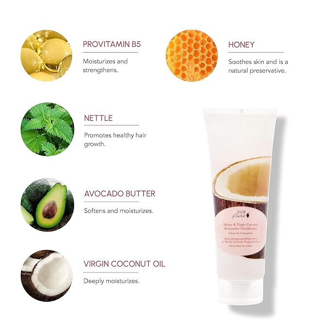100% PURE Honey & Virgin Coconut Restorative Conditioner Moisturizer & Repair Replenishing Nutrient Boost for Dry Damaged Hair, Promotes Healthy Growth for Women & Men - Sulfate Free - 8 Fl Oz-Velvo Beauty