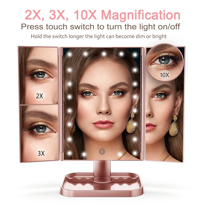 HUONUL Makeup Mirror, 10X 3X 2X Magnification, Lighted Makeup Mirror, Touch Control, Dual Power Supply, Portable LED Mirror, Women Gift (Rose Gold)-Velvo Beauty