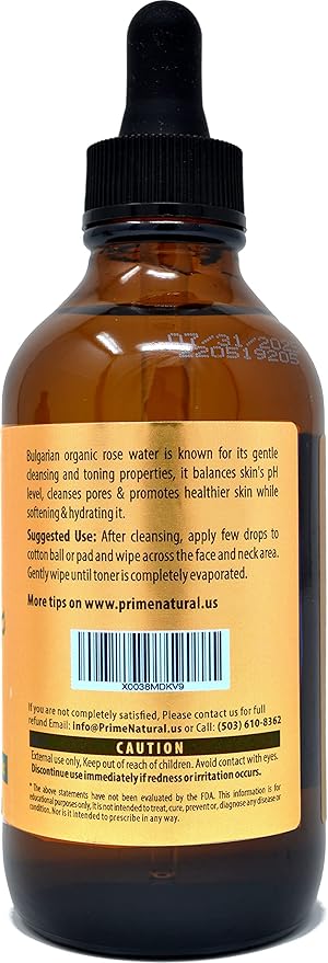 PRIME NATURAL Rose Water Spray 4oz/120ml, USDA Certified Organic, Facial Toner, Hydrating Mist for Face & Hair - Bulgarian, 100% Pure, Natural, Preservative-Free, Moisturizer from Fresh Rose Petals-Velvo Beauty