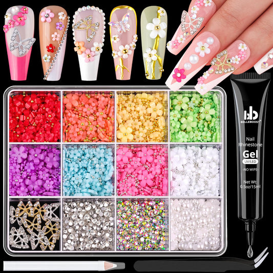 3D Nail Charms and Gems Set 12 with Rhinestone Glue, 10PCS Gold and Silver Chunky Butterfly Nail Charms, 3D Flowers for Nails, Flatback Crystals and Pearls + Picker Tool for Y2K Nail Decor-Velvo Beauty