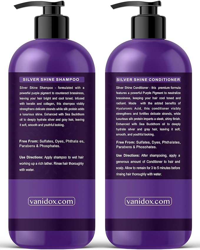 Sulfate Free Brass Toning Purple Shampoo and Conditioner Set for Grey and Silver Hair, Moisturizing & Color-Safe, Enhances Shine & Brightness, Made in USA (16 fl oz each)-Velvo Beauty