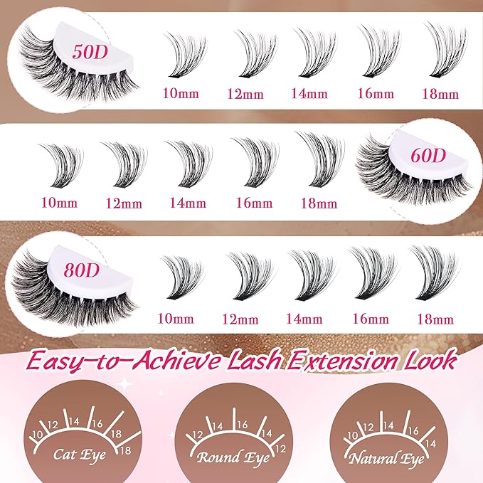 Bombshell Lash Clusters - Eyelash Clusters 20D+30D+40D+50D+60D+80D Wispy Individual Lashes D Curl Lash Extension 10-18MM Natural Lash Clusters DIY Cluster Eyelash Extensions for Beginners-Velvo Beauty