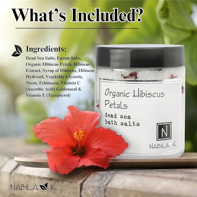 Organic Hibiscus Petals Bath Salts by Nabila K - Dead Sea Salt & Epsom Salt Scrub & Soak - Exfoliates & Hydrates Skin, Botanical Essential Oils - Bubble Bath Accessories for All Skins Types, 2 oz-Velvo Beauty