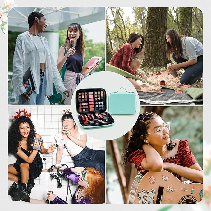 Color Nymph Beginner Makeup Kits Gift for Teens, Makeup Palettes with Reusable Handbag Includes 36 Colors Eyeshadow Blushes Bronzer Highlighter 4 Colors Lipgloss, Lip Oil Brushes Mint Green-Velvo Beauty