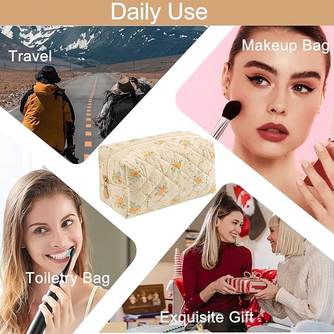 Makeup Bag Travel Cosmetic Bag for Women Girls, Zipper Make Up Pouch, Floral Flowers Toiletry Organizer Makeup, Portable Storage Bag, Cosmetic Travel Cloth Bag (Yellow Orange Flower)-Velvo Beauty