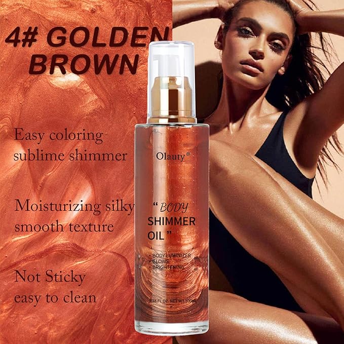 Shimmer Body Oil-Golden Brown Face Brighten Pearl Highlighter Liquid Illuminator Body Glow Oil,4 Color Bronze Makeup Glitter Body Shimmer Oil with Makeup Brush-Velvo Beauty