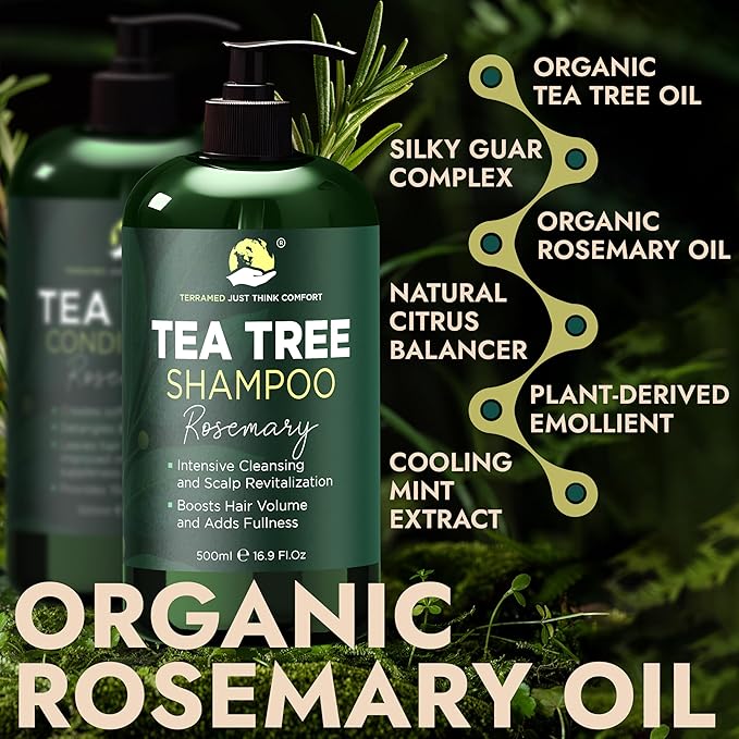 Rosemary Shampoo and Conditioner Set Infused with Tea Tree & Rosemary Oils for Scalp Relief and Hair Growth | Sulfate Free, Soothes Dry Scalp, Boosts Shine + Free Scalp Brush | 16.9 fl oz-Velvo Beauty