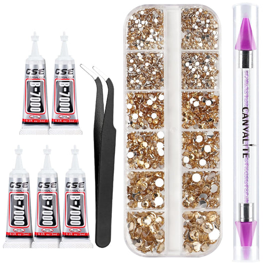 Canvalite 2784Pcs Champagne Rhinestones Flat Back Gems, Nail Rhinestones Gems with Jewelry Glues Pick Up Tweezers and Rhinestone Picker Dotting Pen, Nail Art Tools for Nails, Clothes, Face, Craft-Velvo Beauty