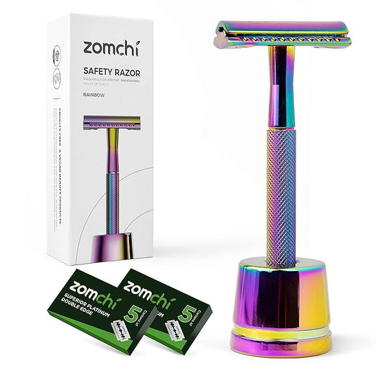 Safety Razor for Women,Safety Razor with 5 Blades,Women Razor with a Delicate Box,Free of Plastic (Stand Style Rainbow Razor)-Velvo Beauty