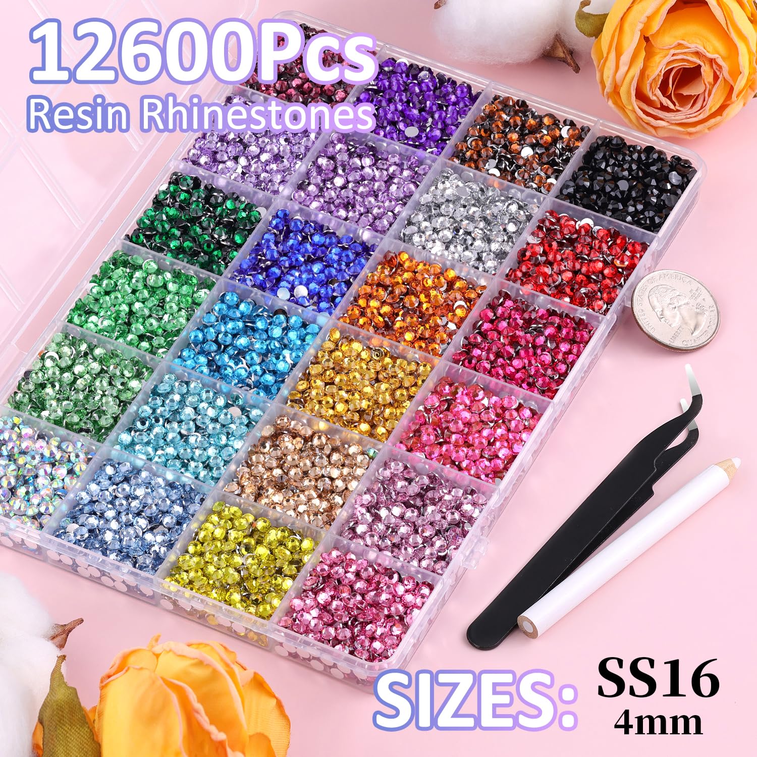 12600Pcs Resin Rhinestones for Bedazzling with Tweezers, Multicolor 4mm Rhinestones for Crafting with 3Pcs 10ml B7000 Jewelry Glue for DIY Crafts Clothing Tumblers Shoes Fabric Nail Art-Velvo Beauty
