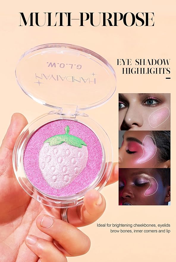 Face Highlighter Makeup Palette, Glossy Glitter Highlight Brightening Contouring Palette Natural Shiny Contour Makeup Illuminator Longlasting Lightweight, Blush&Highlighter (#03 Strawberry)-Velvo Beauty