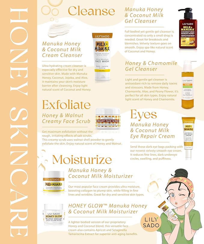 LILY SADO MILK+MANUKA™ Coconut Milk & Manuka Honey Cream Face Cleanser – Natural Ultra Moisturizing Facial Wash Cleanses, Balances, Soothes & Hydrates - Large 6oz-Velvo Beauty