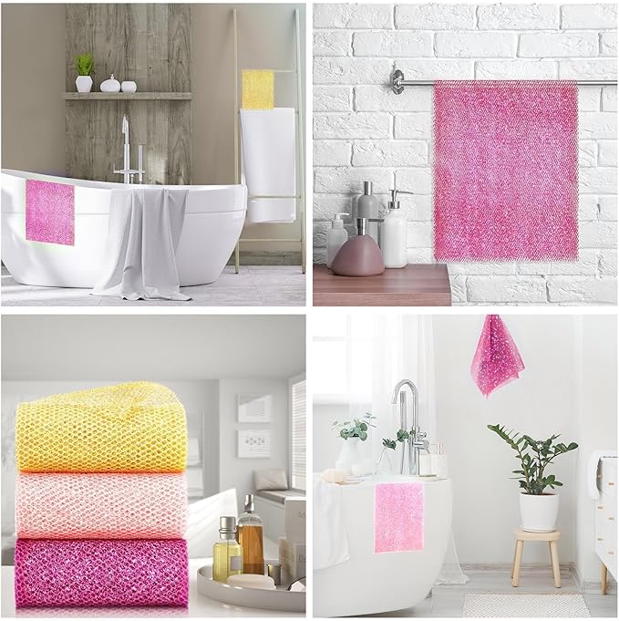 3 Piece Bright Style African exfoliating net Exfoliating Shower Set Long Bath Sponges for Smooth, Refreshed Skin, The Exterior Gleams - Ideal for Daily Use (Bright Yellow, Pink, Purple)-Velvo Beauty