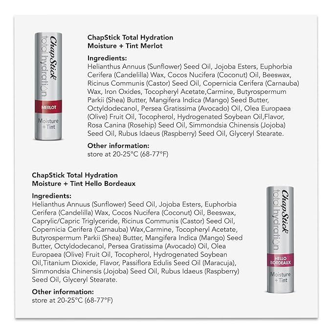 ChapStick Total Hydration Tinted Lip Balm Tubes and Lip Scrub Regimen Pack, Tinted Lip Moisturizer and Exfoliator - 0.12 Oz Lip Balm (4 Count) and 0.27 Oz Lip Scrub-Velvo Beauty