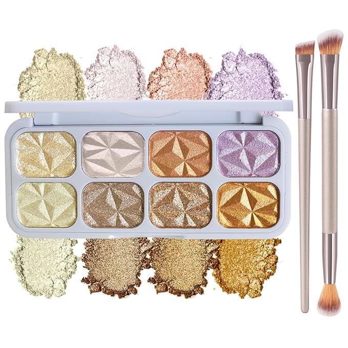Face Highlighter Palette with Mirror, 8 Colors Glitter Eyeshadow Palette, Diamond Shimmer Glow Contour Palette for Face Highlighters & Luminizers, Long Lasting, Makeup Brush Include-Velvo Beauty
