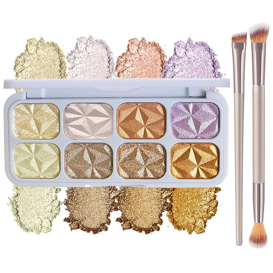 Face Highlighter Palette with Mirror, 8 Colors Glitter Eyeshadow Palette, Diamond Shimmer Glow Contour Palette for Face Highlighters & Luminizers, Long Lasting, Makeup Brush Include-Velvo Beauty
